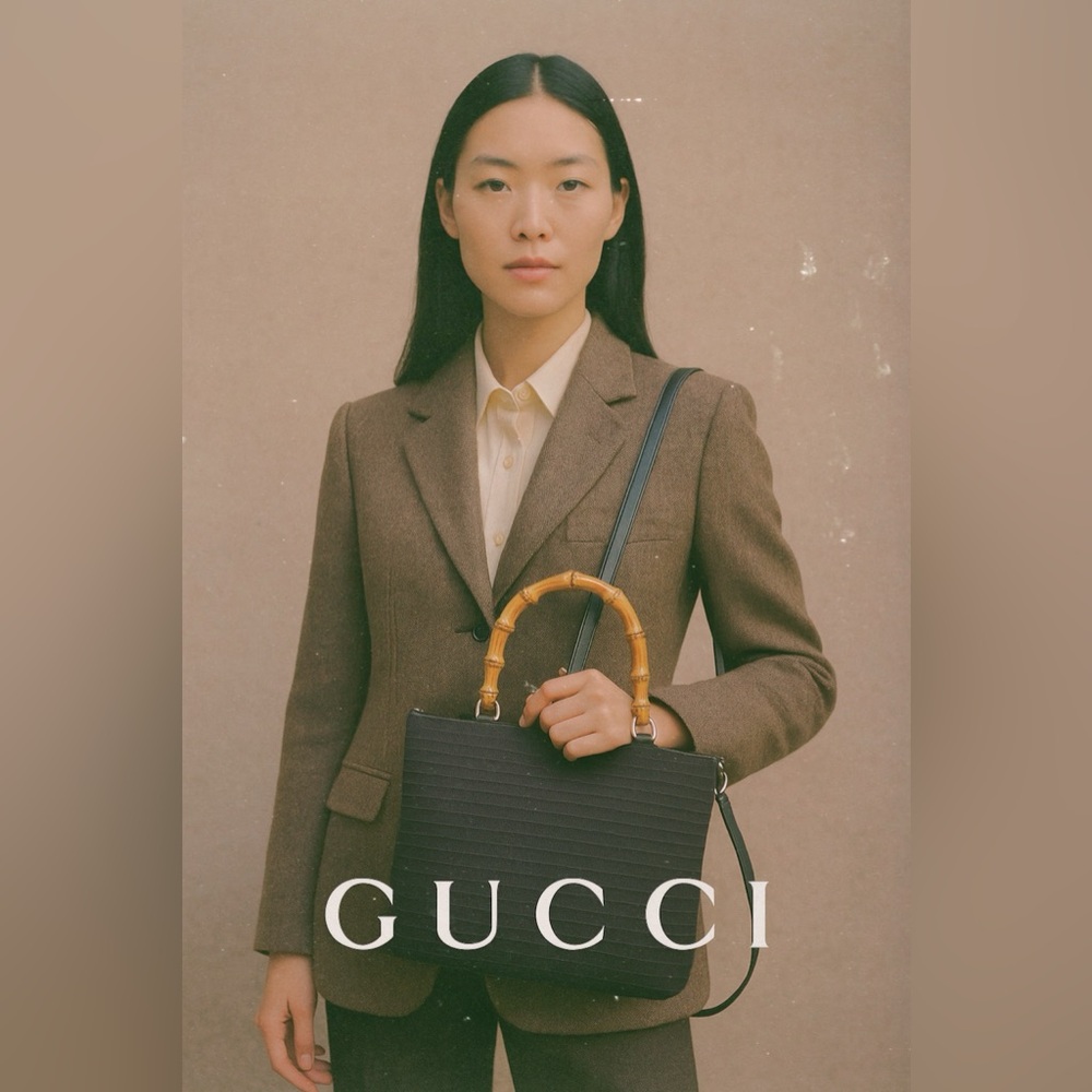 Authentic Gucci Bamboo Handle Braided Canvas Bag, Brown, 2 Way